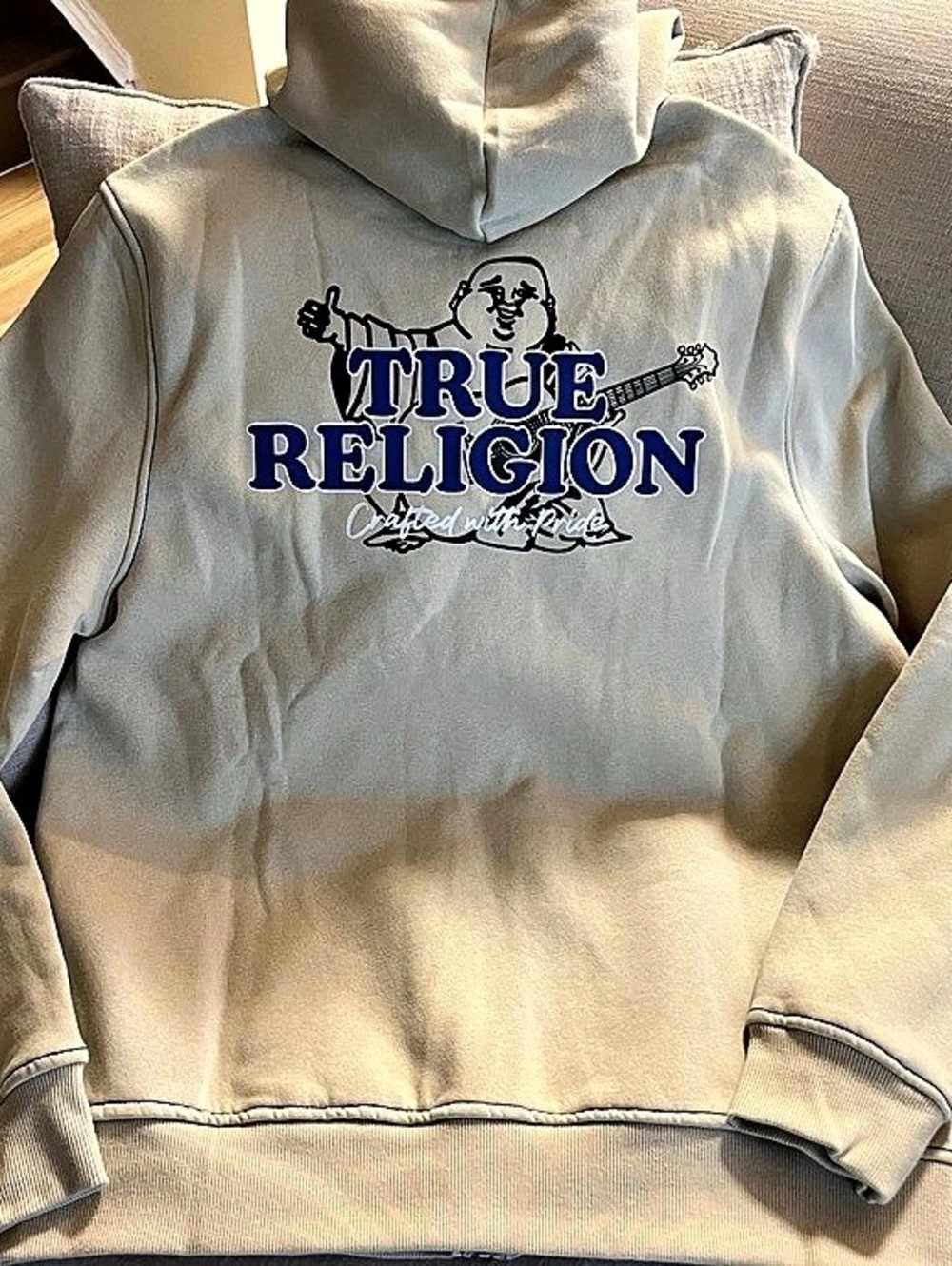 True Religion Buddha Logo Zip Hoodie Cream & Blue Size Large